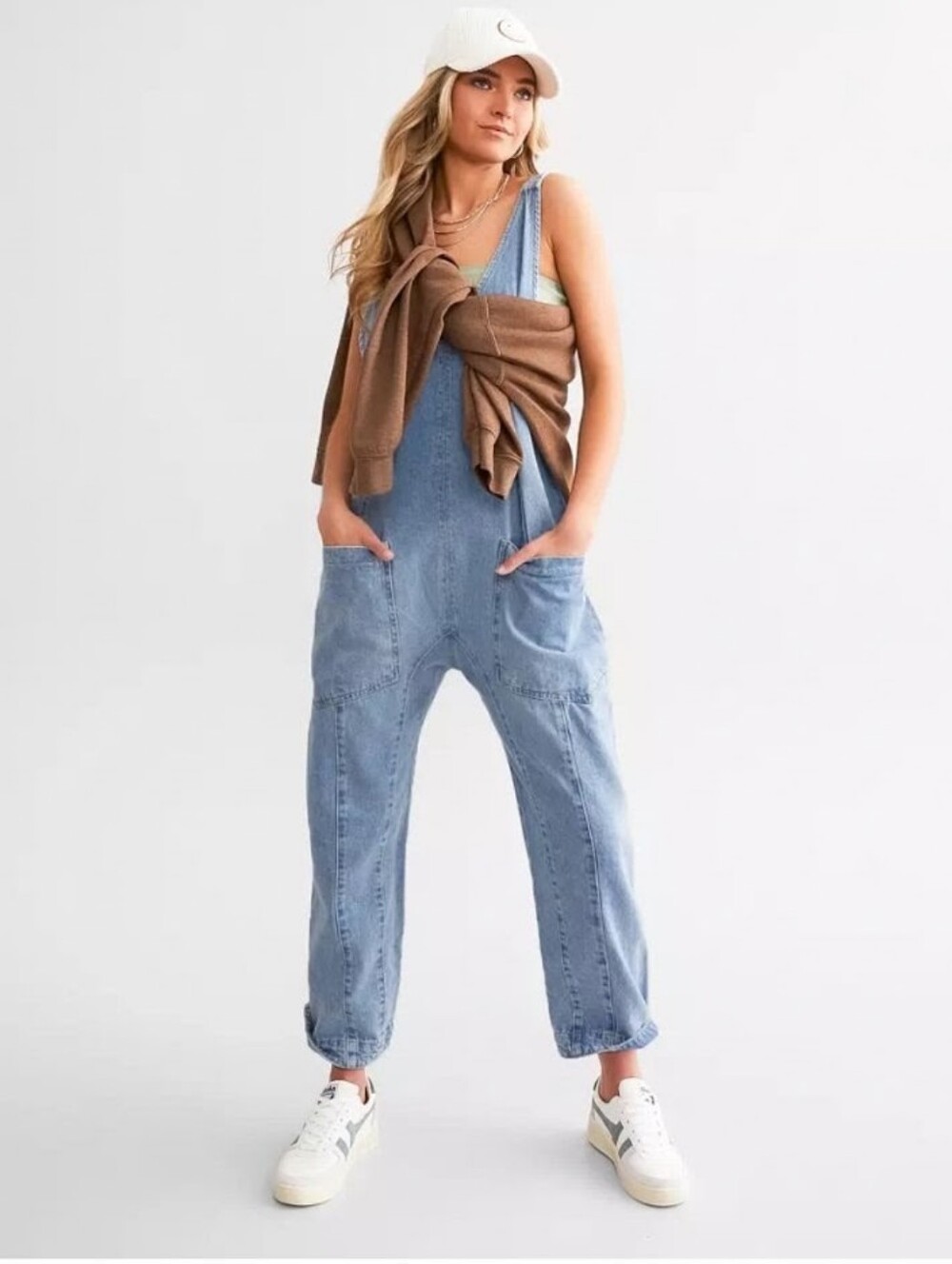 We The Free Free People High Roller Denim Scoop Neck Jumpsuit Overalls Relaxed S